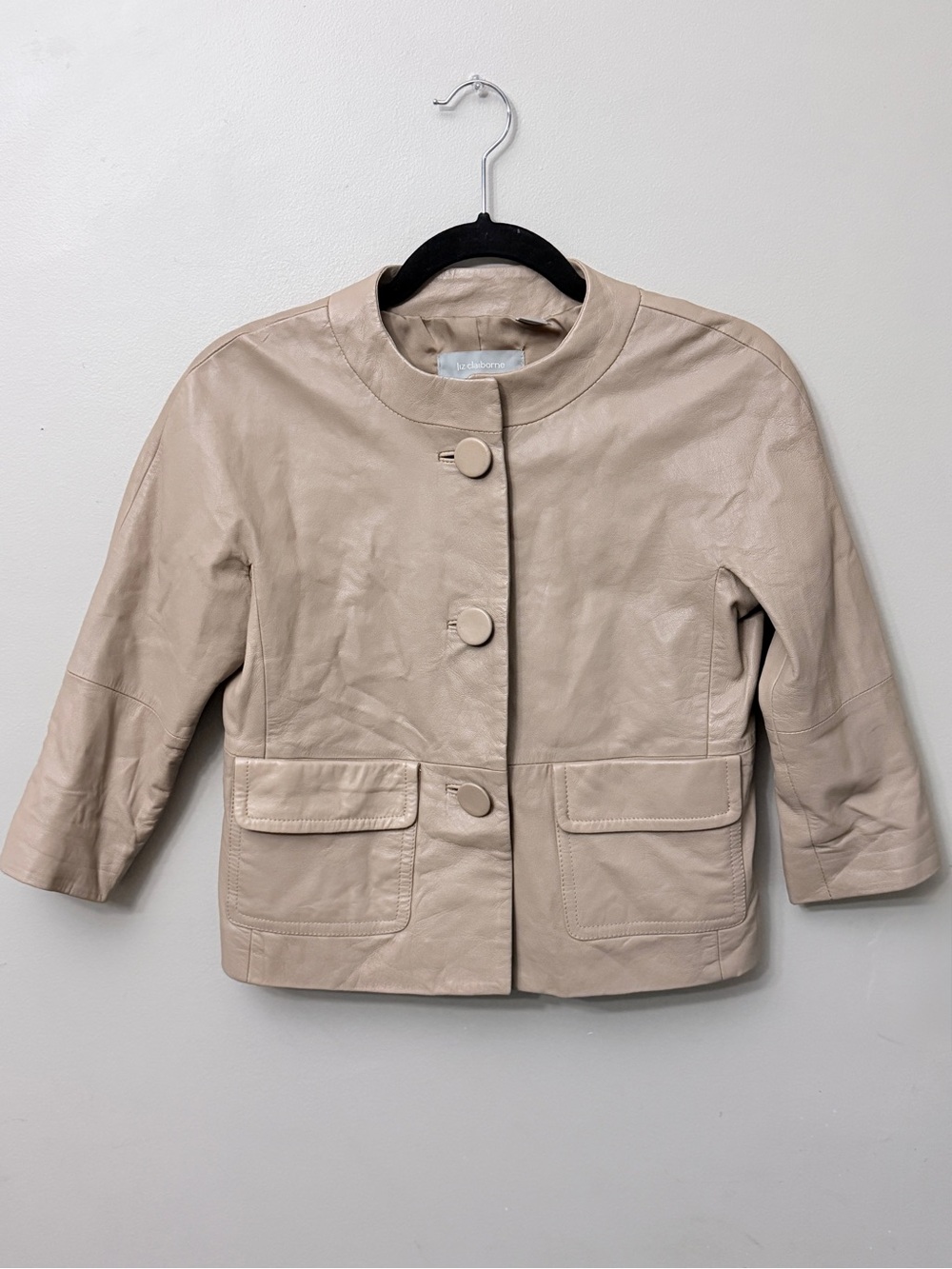 Liz Claiborne Lamb Leather Beige Button Front 3/4 Sleeve Jacket S
